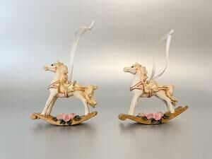 Vintage Rocking Horse Ornaments Set of 2 Ceramic Pink Roses Gold Christmas Decor